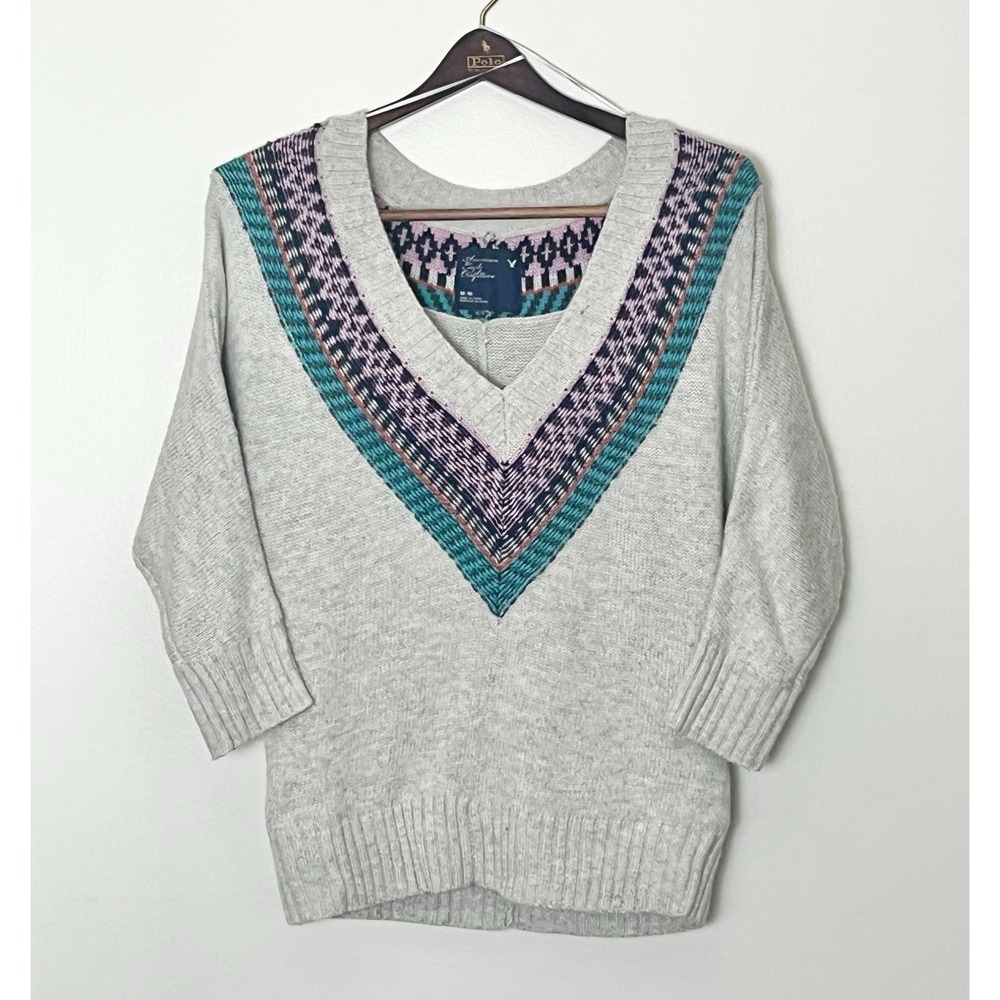 Vintage American Eagle Sweater Women's Medium Oatmeal Geometric Print Y2K 2000s